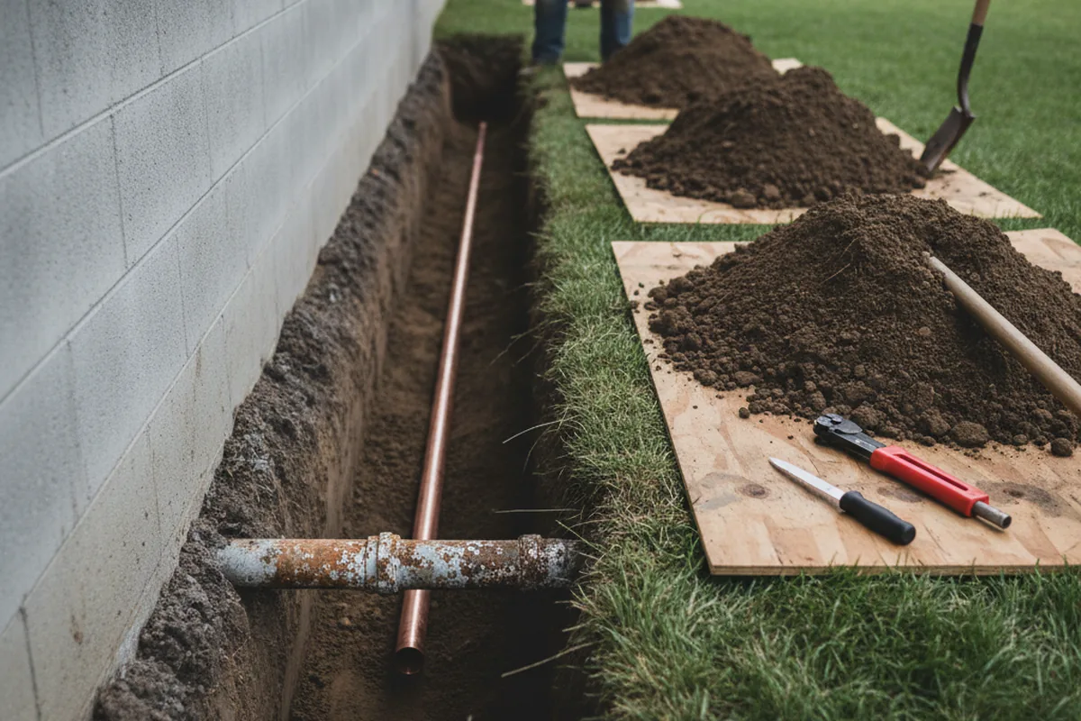 Excavated water line trench during Water Heater Repair in Williams